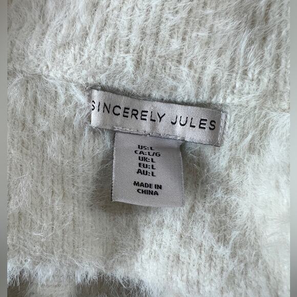 Sincerely Jules Cream Cozy Fuzzy Full Zip High Neck Cardigan Sweater Size L - Picture 7 of 8